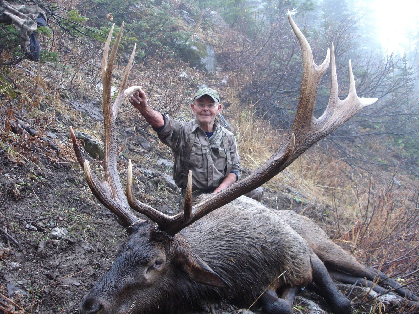 A hunter poses with a harvested elk on a hillside.