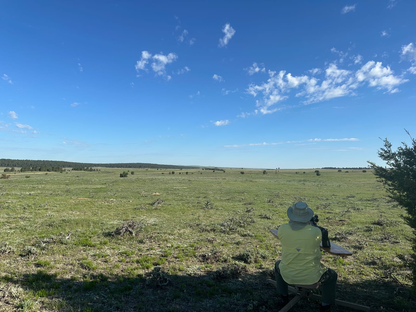 A person sits on a stool, looking through equipment across a vast green field under a blue sky.