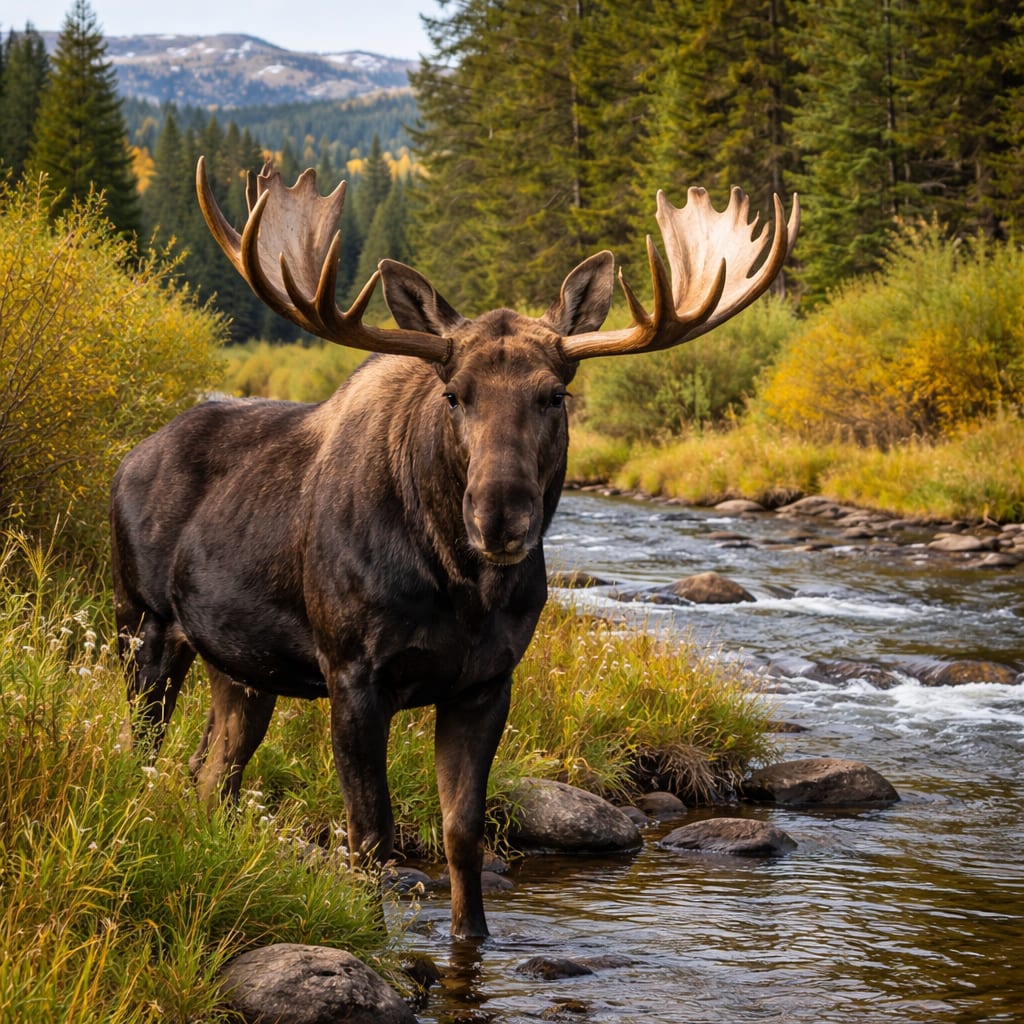 Bull Moose by autumn river