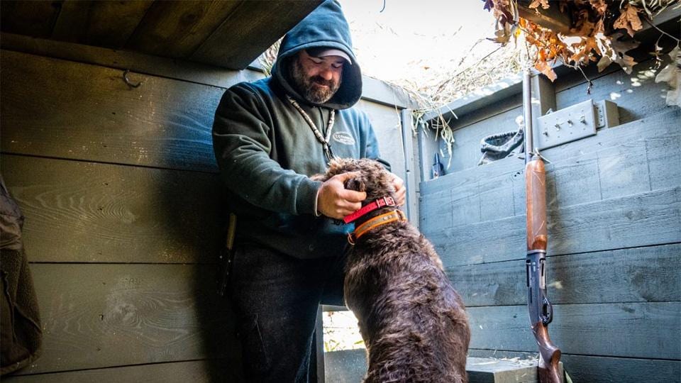 A man in a hooded sweatshirt pets a brown dog inside a hunting blind with a shotgun leaning against the wall.