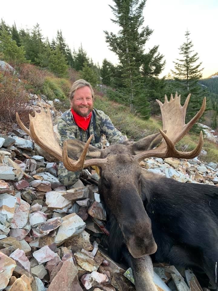 A man standing next to a large moose.