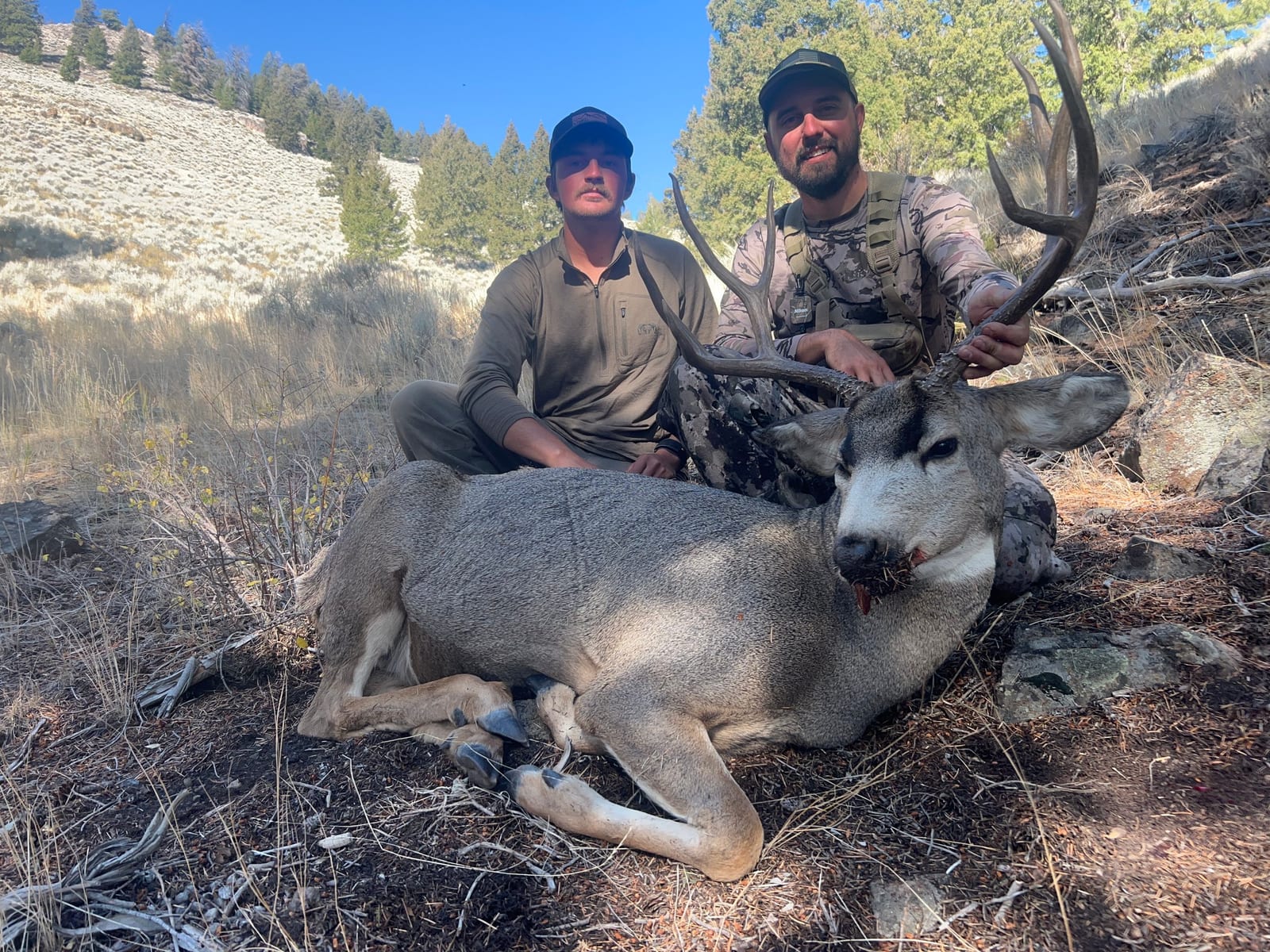 Two hunters pose with a harvested mule deer in a field.