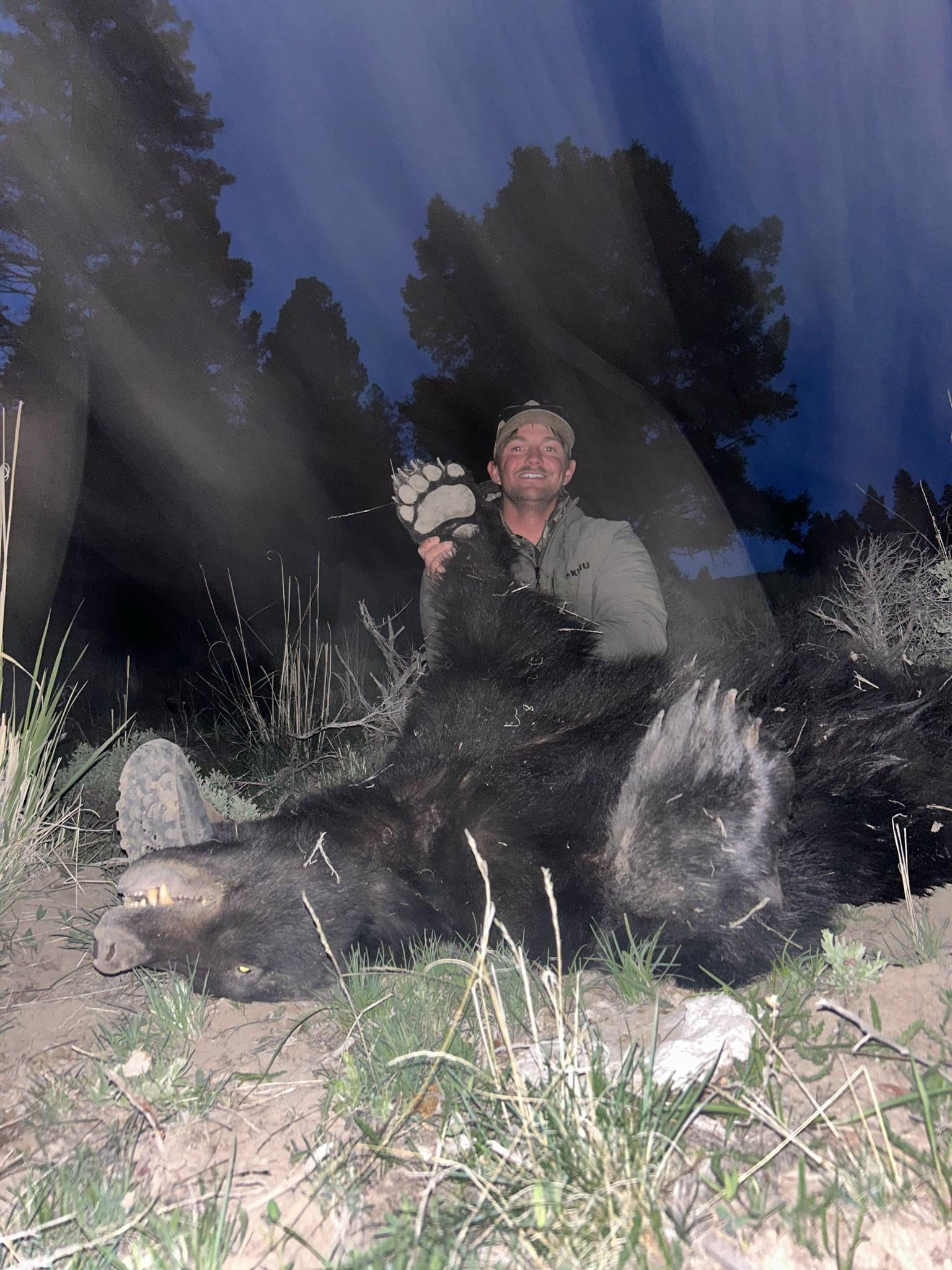 A man poses with a harvested black bear at night.