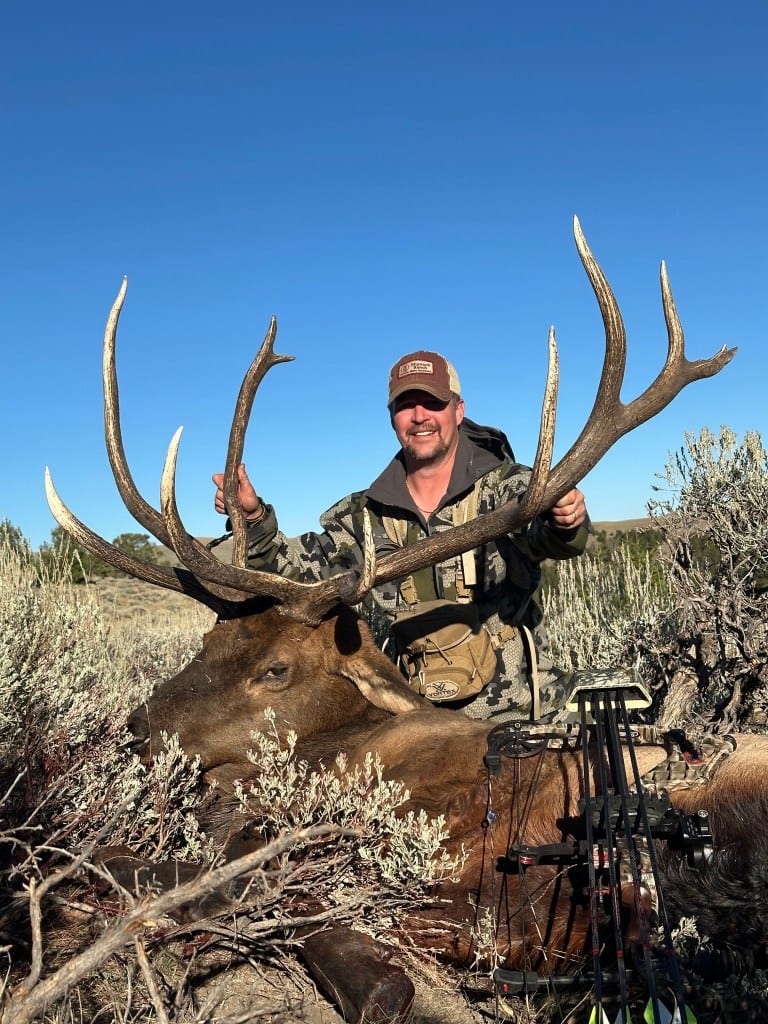 A hunter poses with a harvested elk in a field.