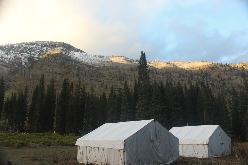 Two canvas tents are set up in a field with a snowy mountain and forest in the background under a cloudy sky.