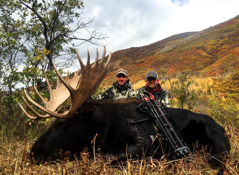 Two hunters pose with a harvested moose and a bow in a mountainous, autumn landscape.