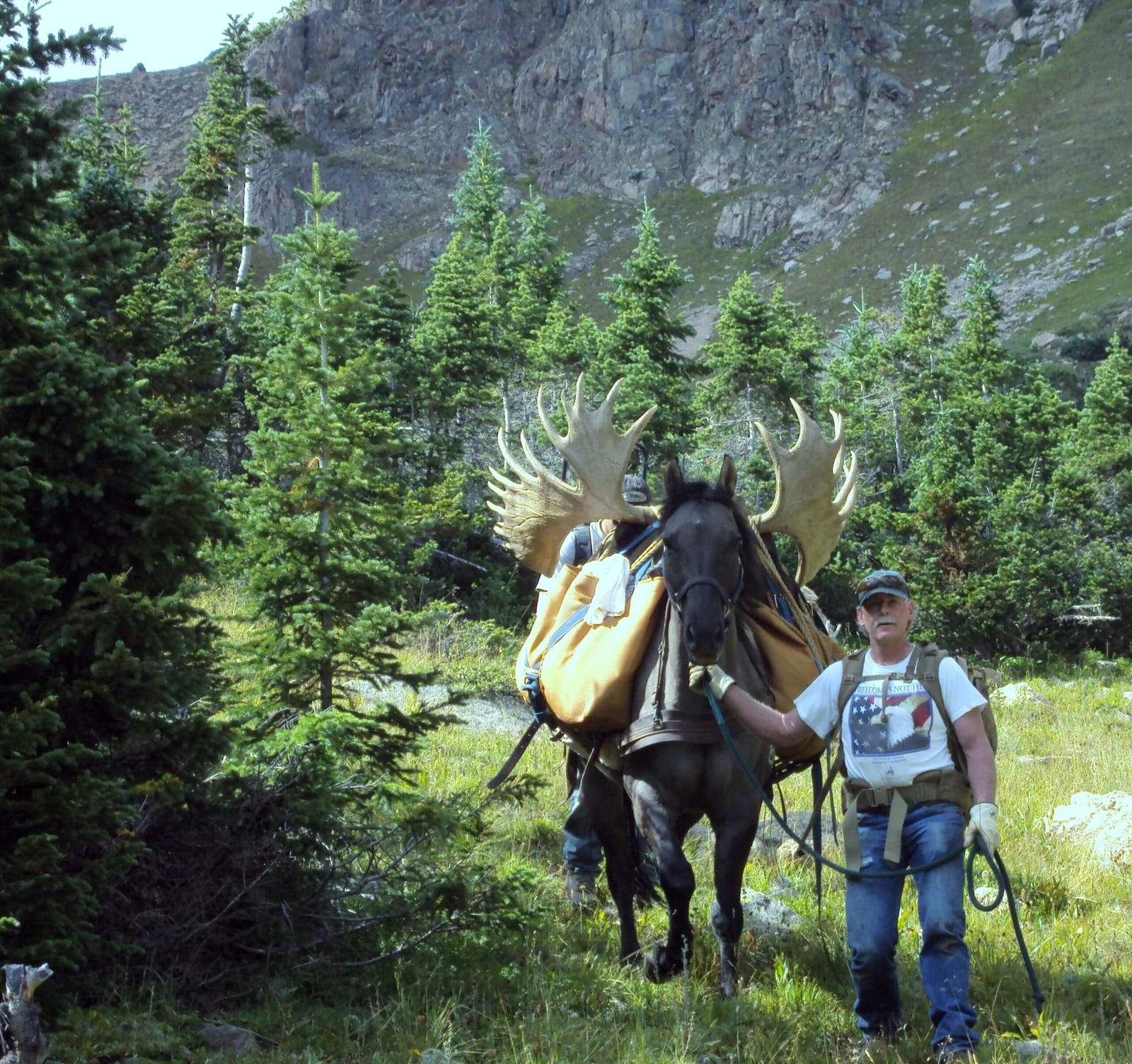 A man leads a horse carrying a harvested moose rack through a mountainous, forested area.