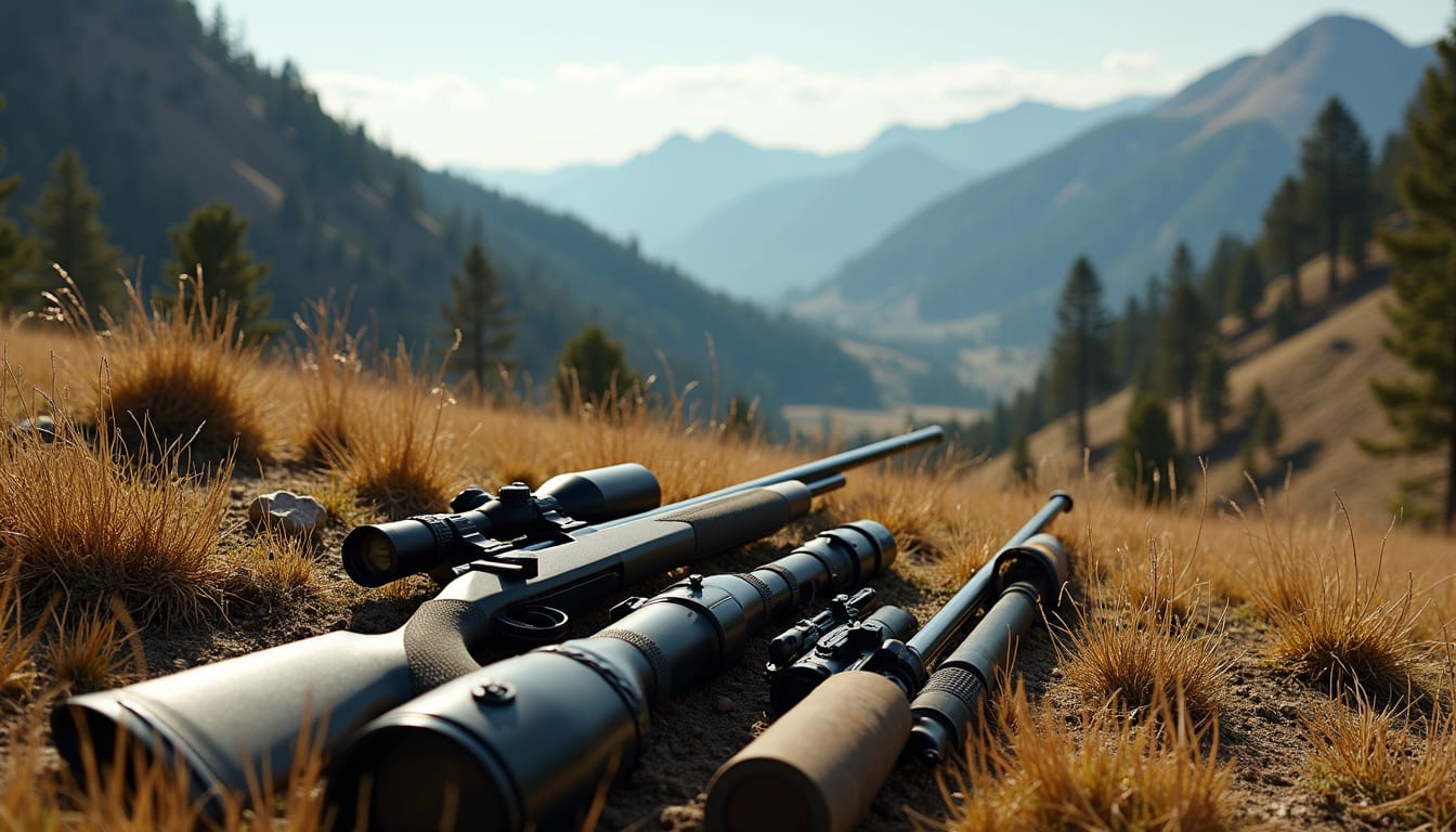 High angle view of a Colorado mountain valley with hunting gear laid out