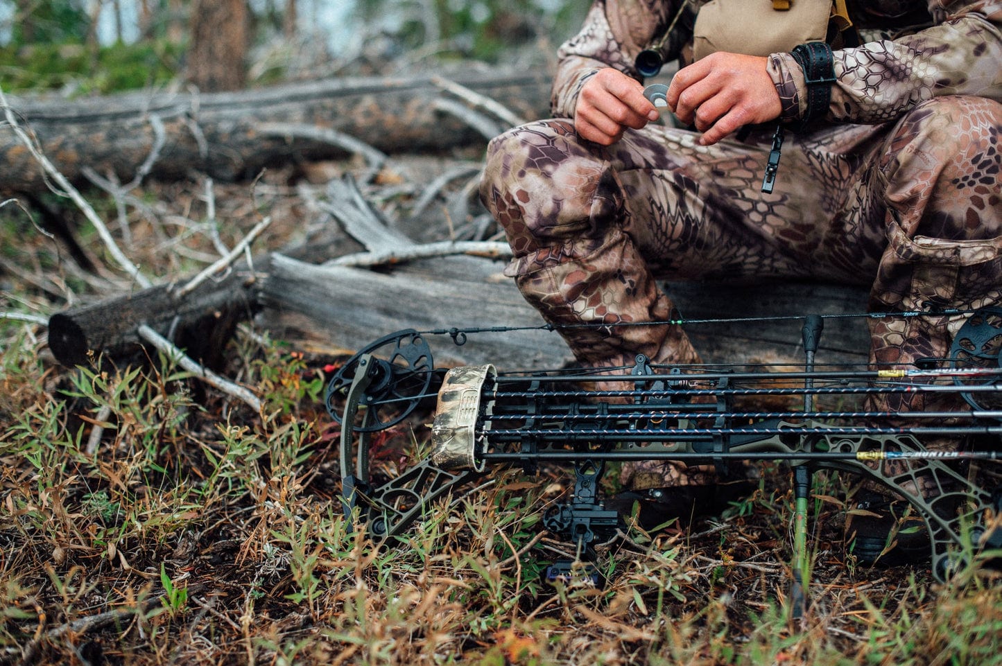 A hunter in camouflage clothing crouches in a wooded area with a compound bow.