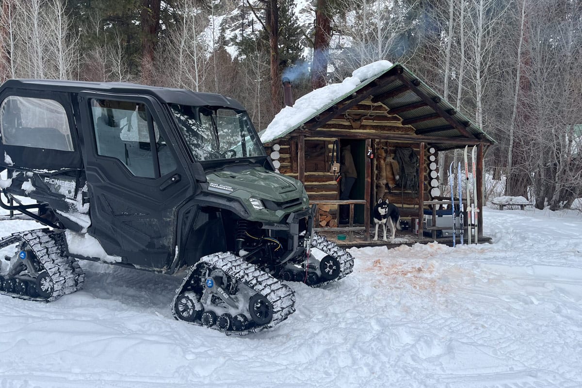 A cabin in the winter at Sawtooth Lodge.