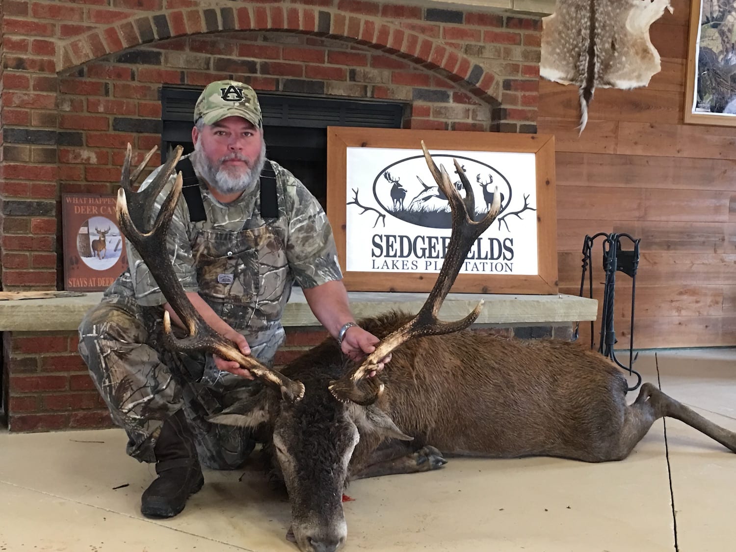 A hunter poses with a harvested fallow deer indoors.