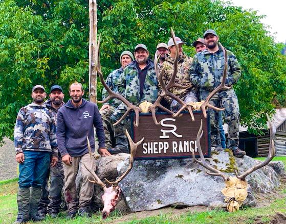 A group of hunters poses with harvested elk antlers and skulls in front of a Shepp Ranch sign.