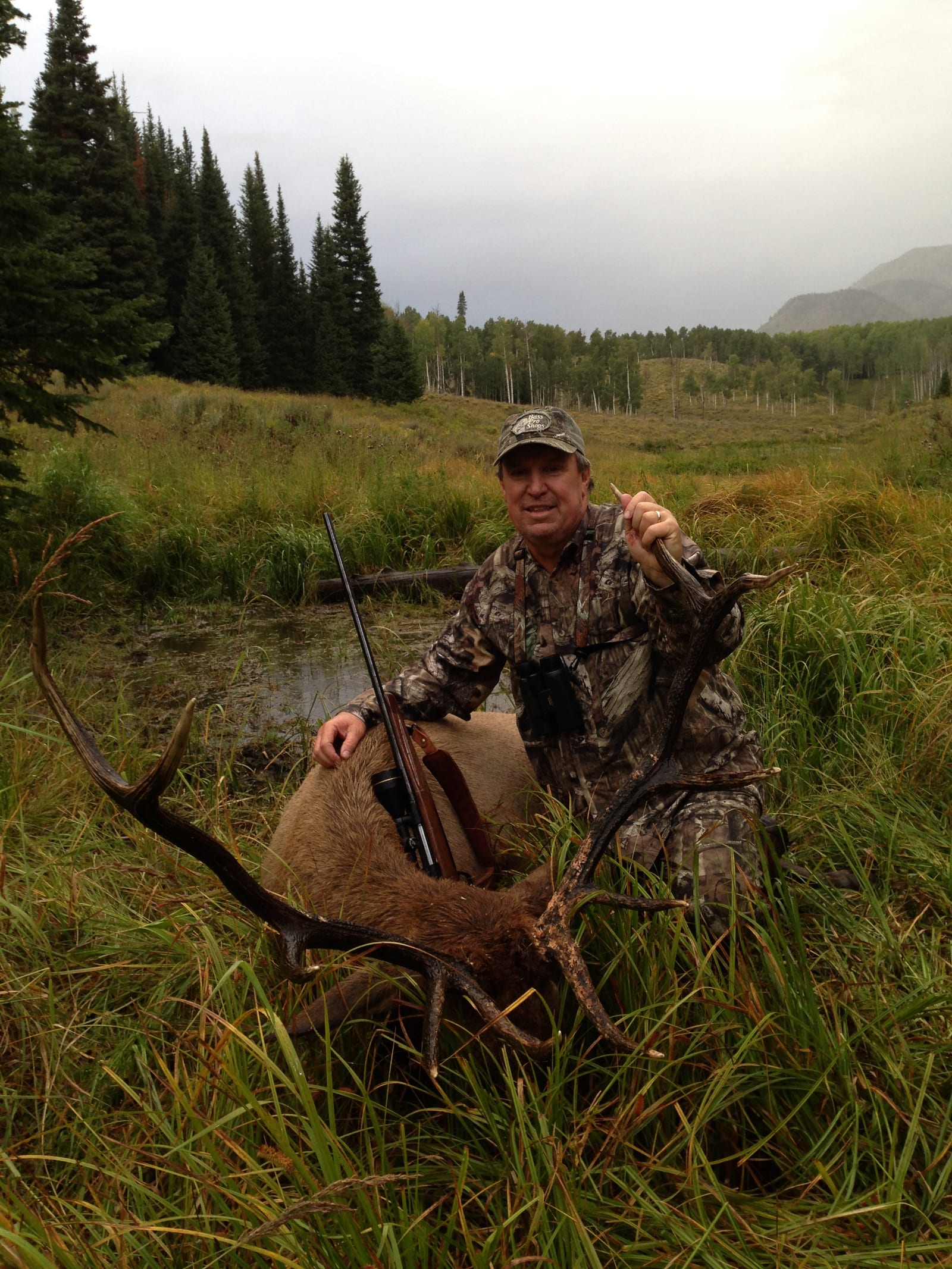 A hunter in camouflage poses with a harvested elk in a grassy, forested area.