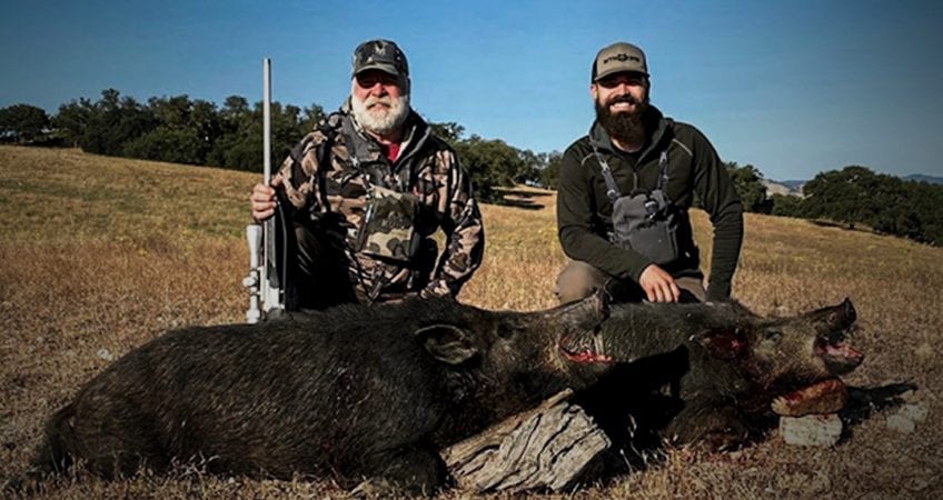 Two hunters pose with two harvested wild boars in a field.