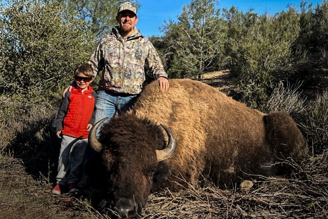 A man and a child pose with a harvested bison in a brushy outdoor setting.