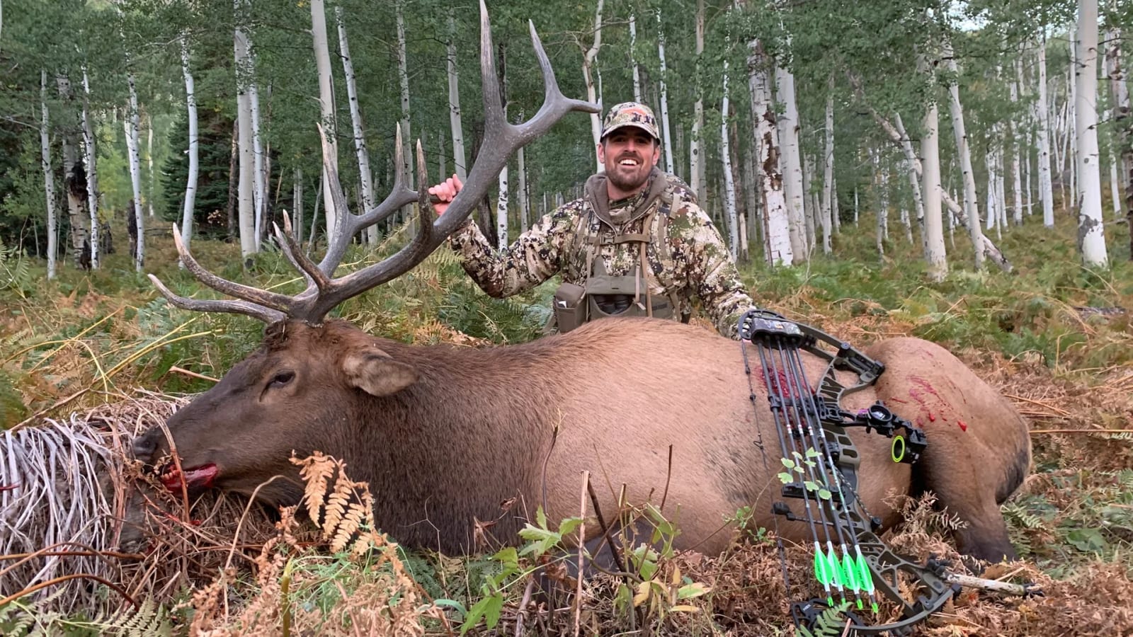 A hunter poses with a harvested elk and a bow in a forest.