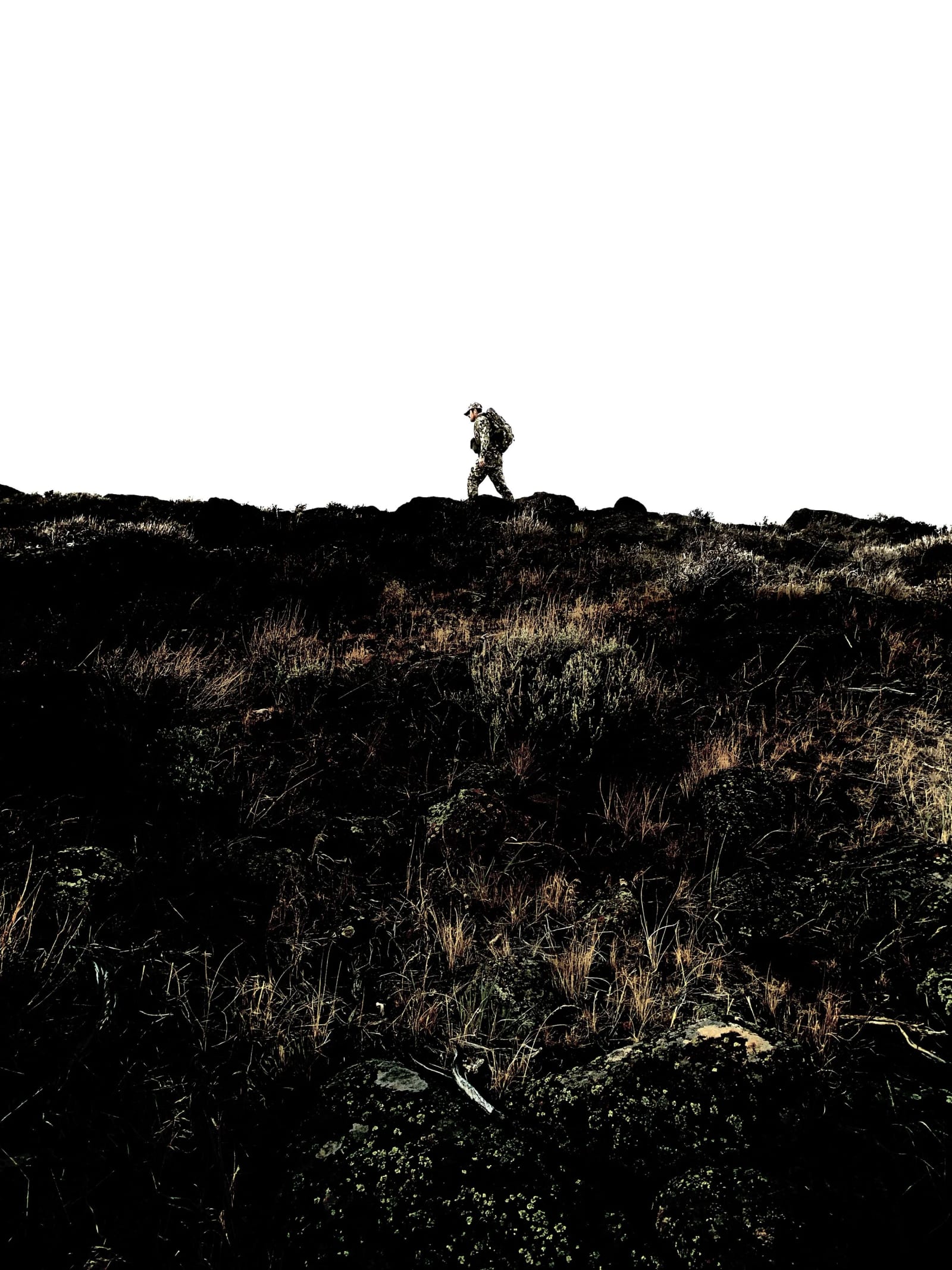 A hunter walks across a dark, rugged landscape under a bright, overcast sky.