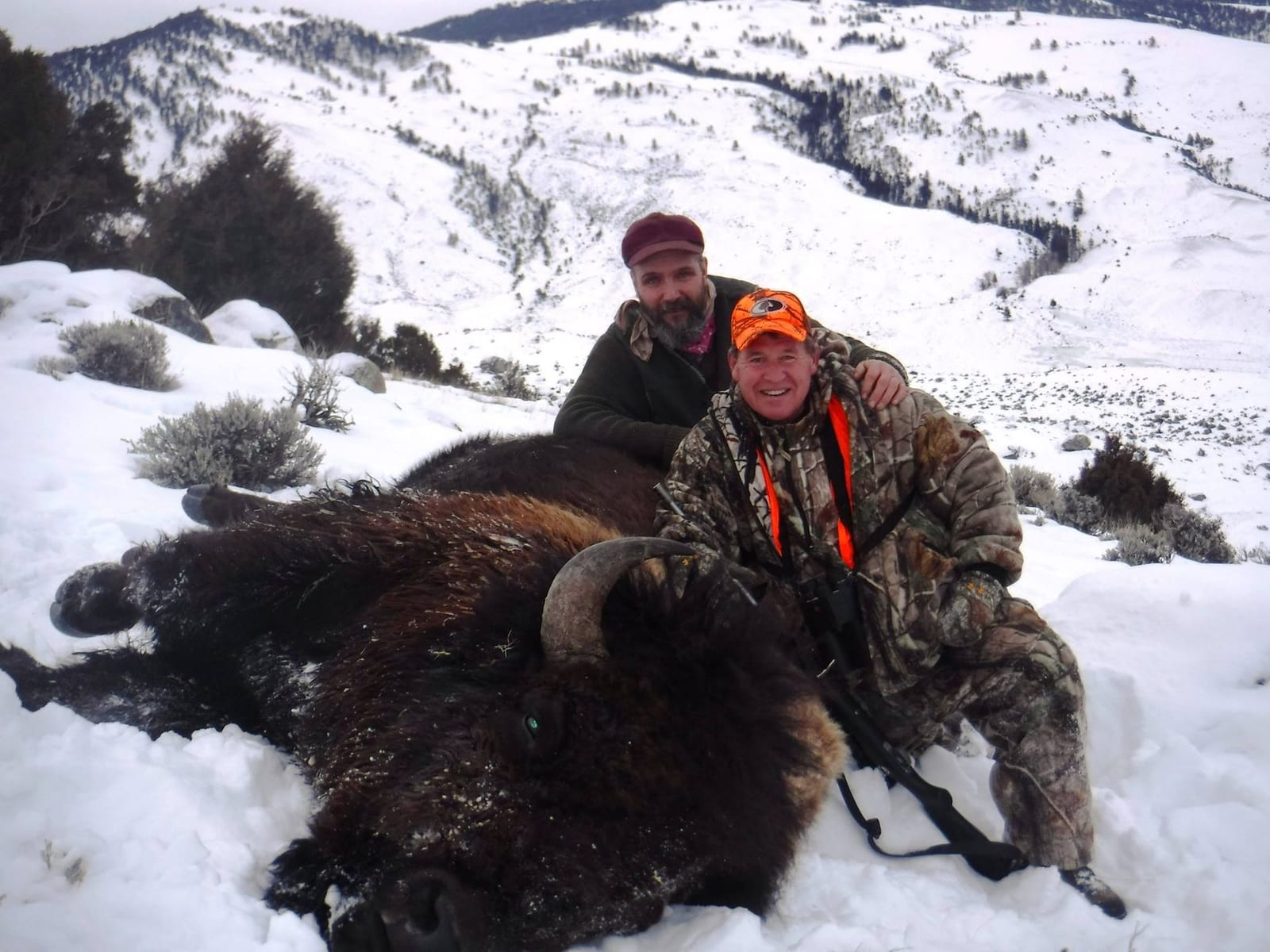 Two hunters pose with a harvested bison in a snowy, mountainous landscape.