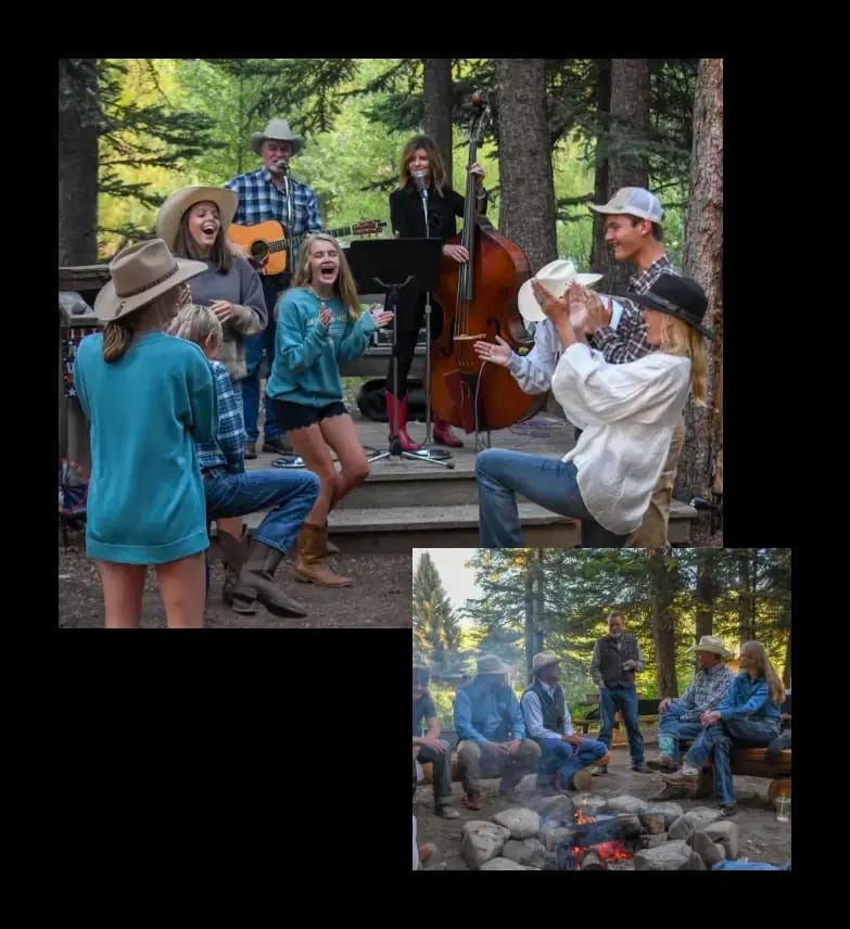 A collage of people socializing outdoors, with one group playing music and another gathered around a campfire.