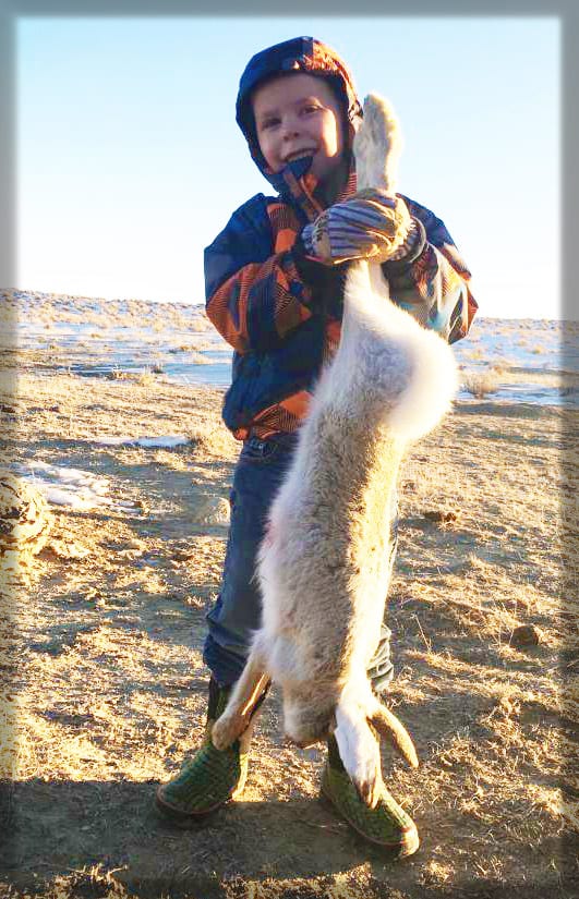 A young boy holds a harvested jackrabbit in a field.