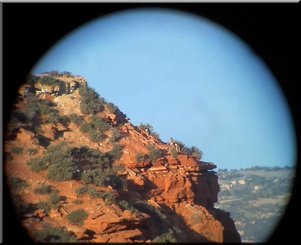 A view through binoculars of a rocky, brush-covered hillside under a clear blue sky.