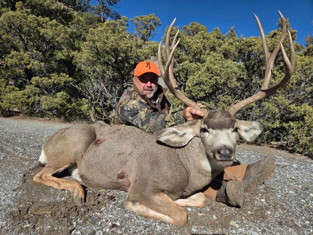 A hunter poses with a harvested mule deer buck in a natural setting.