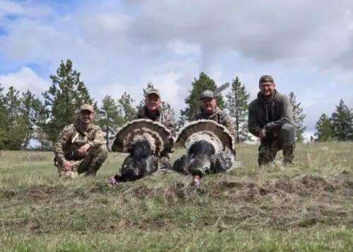 Four hunters pose with two harvested wild turkeys in a grassy field with trees in the background.