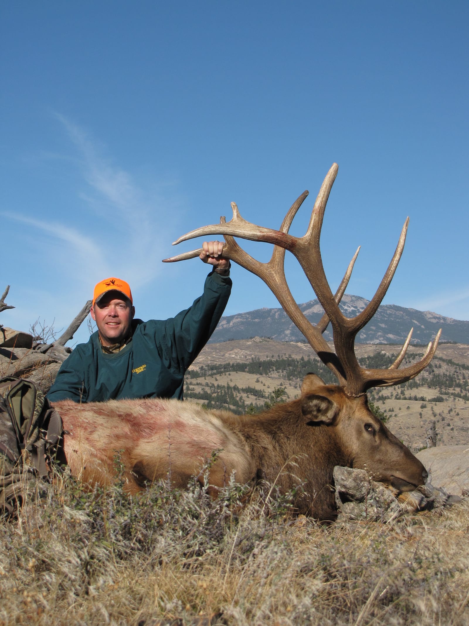 A hunter poses with a harvested elk in a field with mountains in the background.
