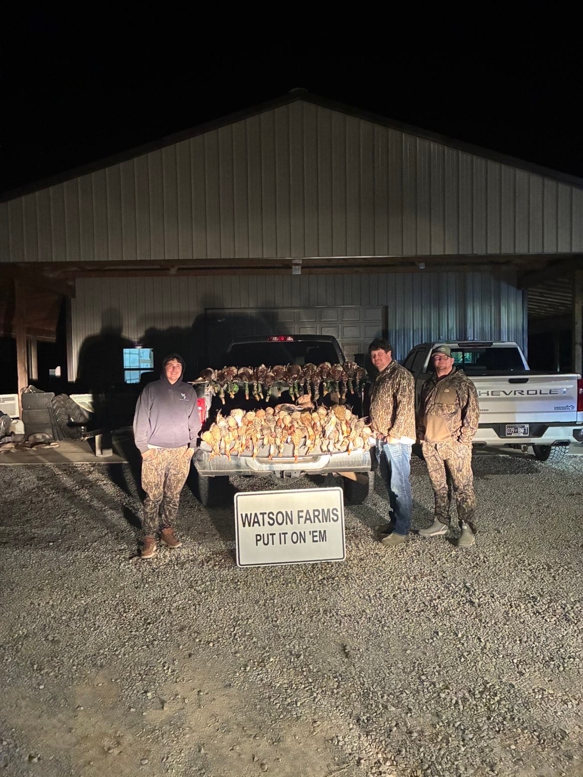 Three hunters pose with a large harvest of ducks, including mallards and possibly teal, in the back of a pickup truck at night.