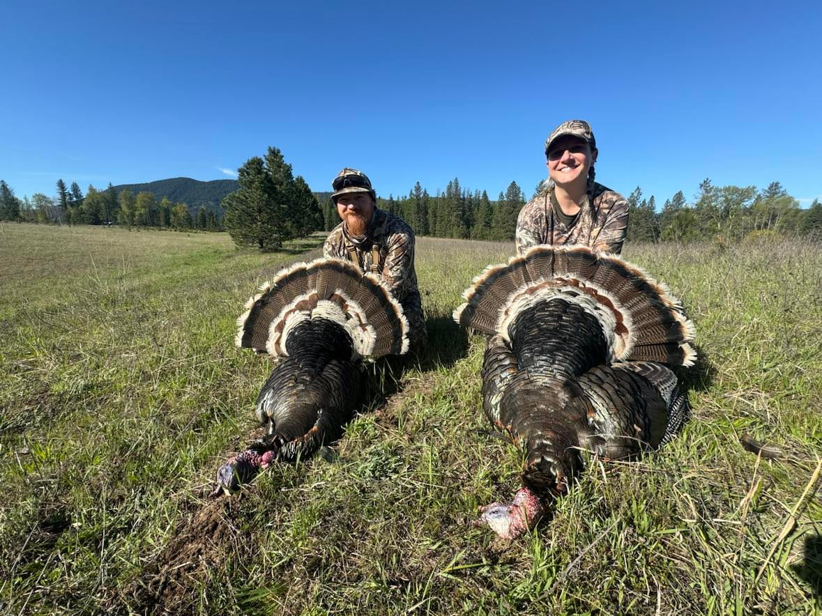 Two hunters pose with two harvested wild turkeys in a grassy field under a clear blue sky.