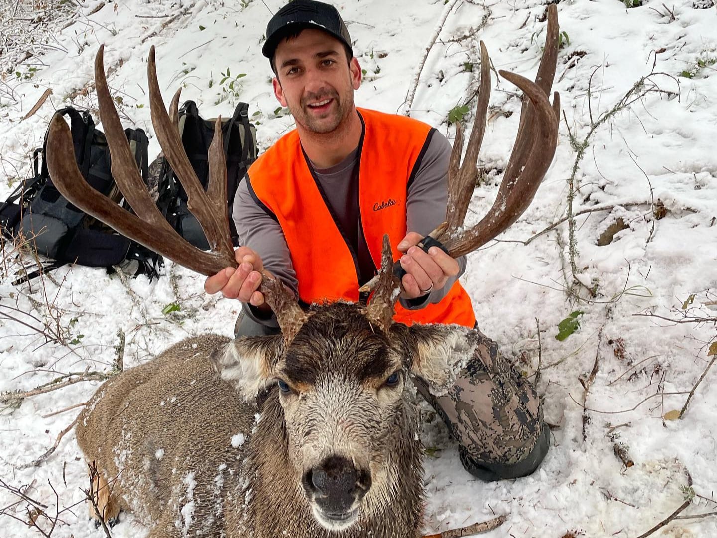 A hunter in an orange vest poses with a harvested mule deer in a snowy landscape.