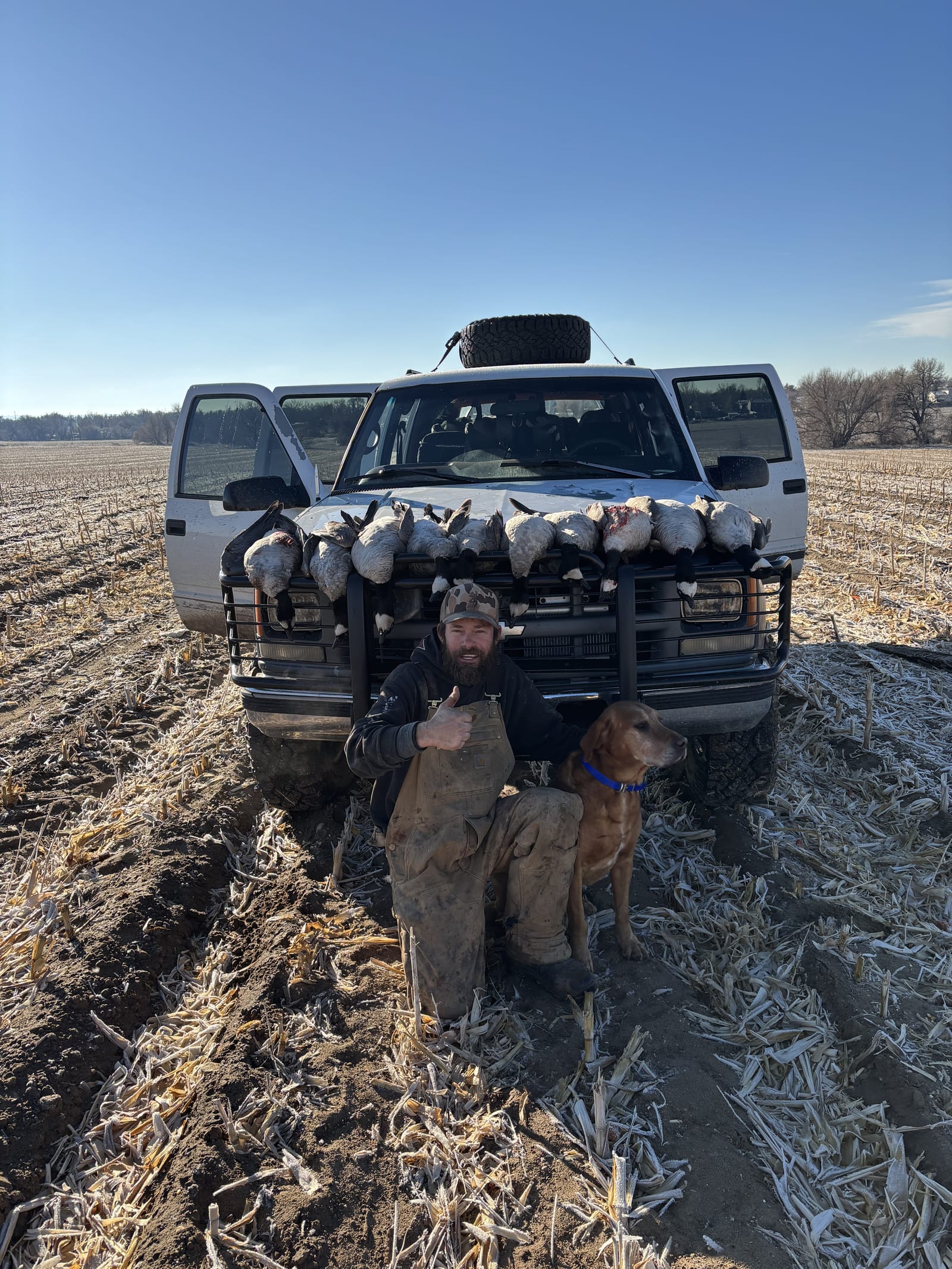 A hunter and a dog pose with harvested snow geese in front of a truck in a field.
