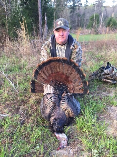 Hunter in camouflage displaying harvested wild turkey