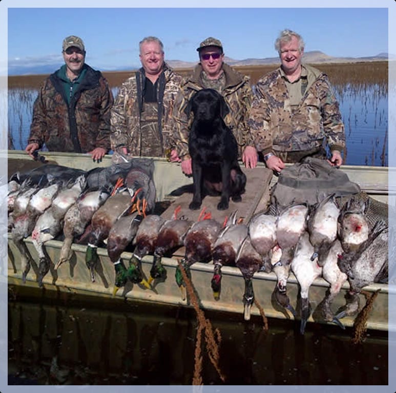 Four hunters and a black dog pose with a large harvest of ducks in a boat on the water.