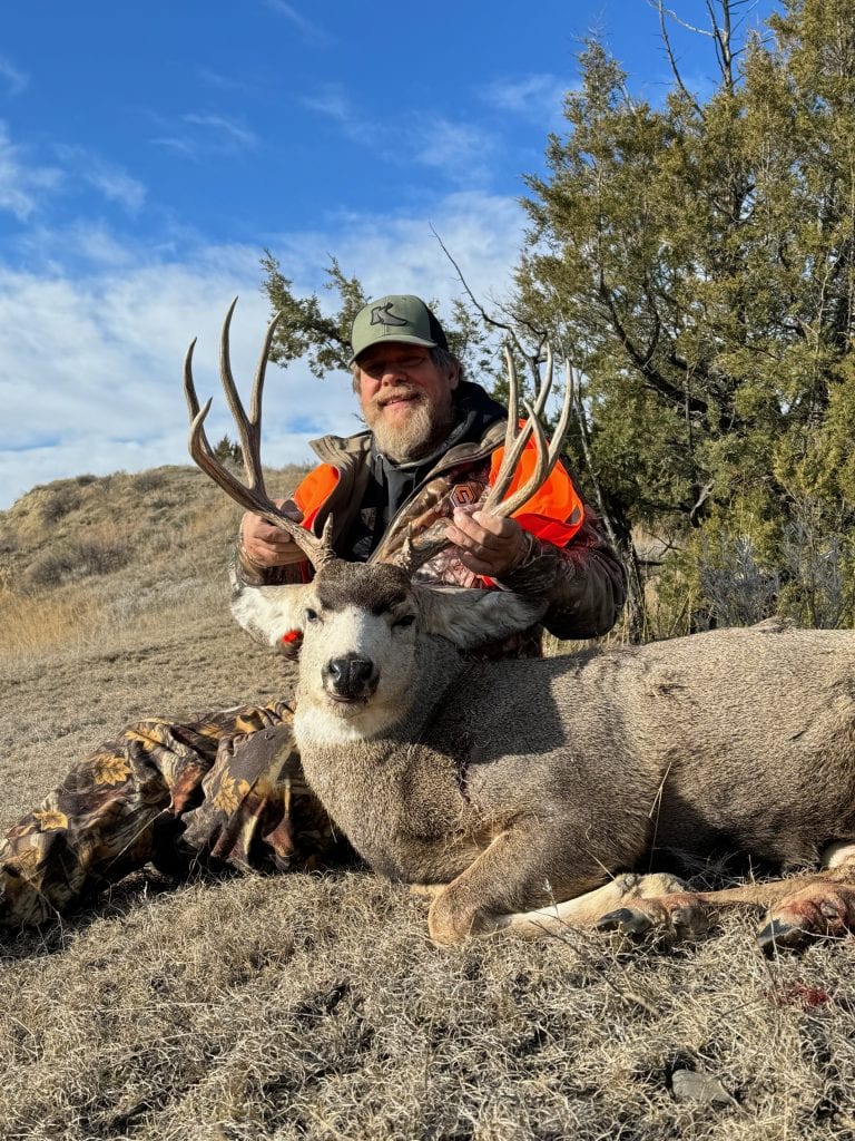 A hunter in an orange vest and camouflage pants poses with a harvested mule deer on a sunny day.