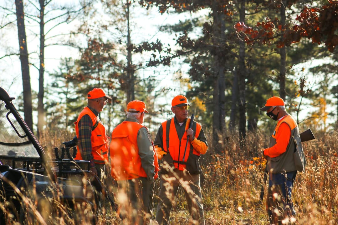 Hunters in orange vests and hats stand in a field with trees in the background.