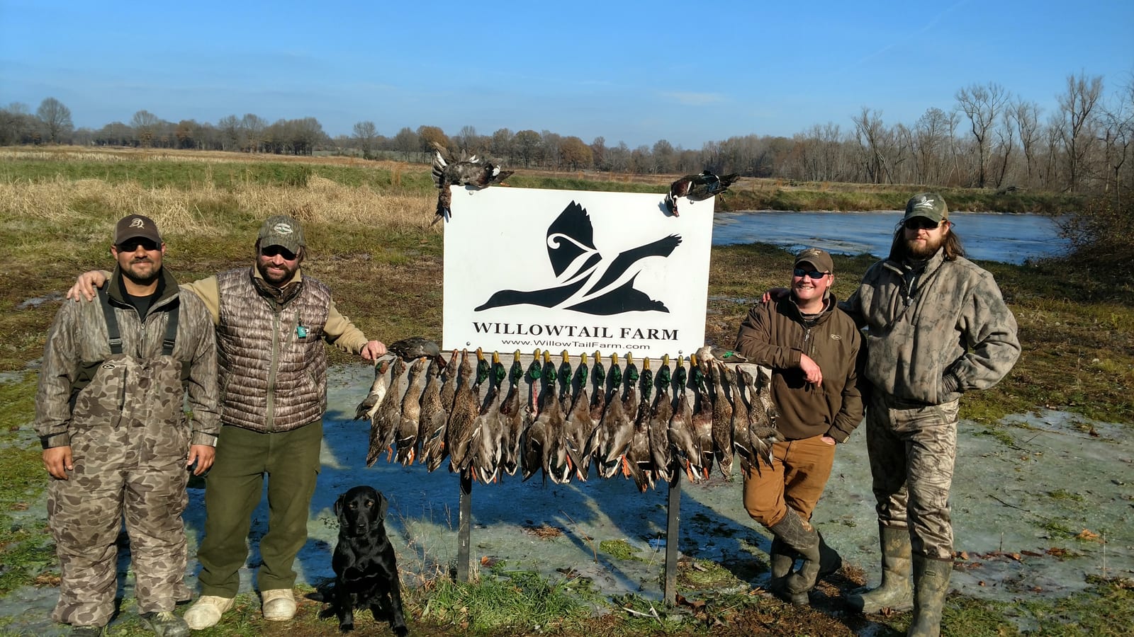 Hunters and a dog pose with a large harvest of ducks, including Mallards, Green-winged Teal, and Gadwalls, in a field.