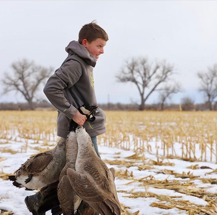 A young boy carries several harvested Canada Geese through a snowy field.