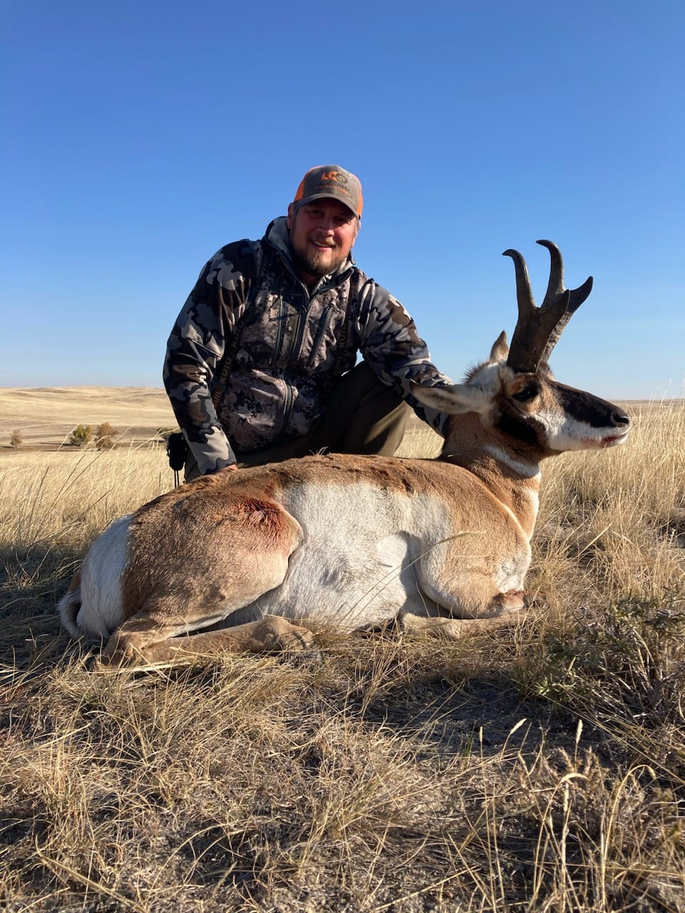 A hunter kneels next to a harvested pronghorn in a grassy field under a clear blue sky.